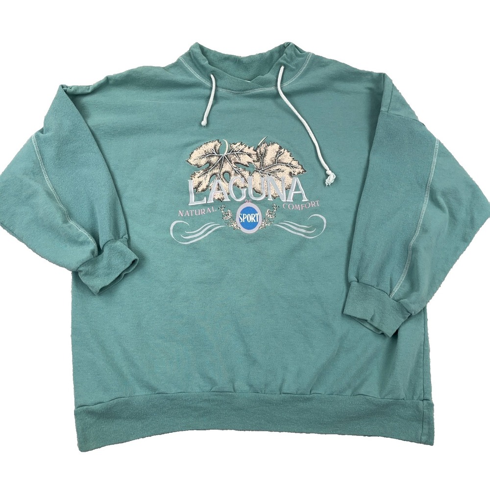 Vintage Laguna Beach Sweatshirt Women XL Green Crewneck Sweater Drawstring 90s